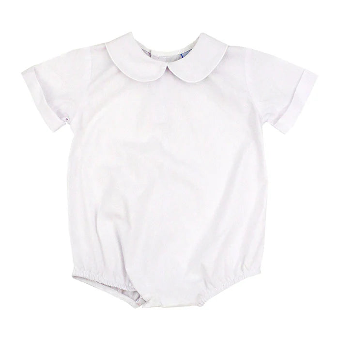 White Button Back Boys Short Sleeve Piped Onesie