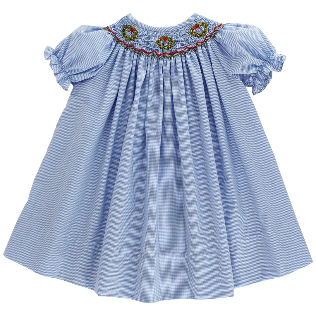 Bishop Dress Wreath on Blue Microcheck