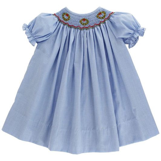 Bishop Dress Wreath on Blue Microcheck