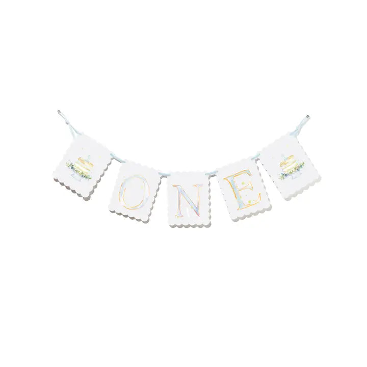 Blue "One" Highchair Banner with Cake End Pieces