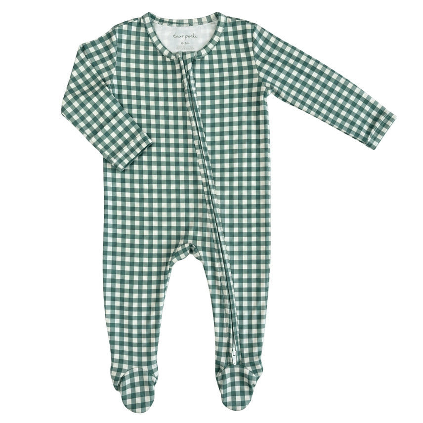 Micro Gingham Pine Footie Zippered Onesie