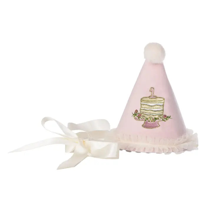 "One" Party Hat with Birthday Cake Embroidery Pink