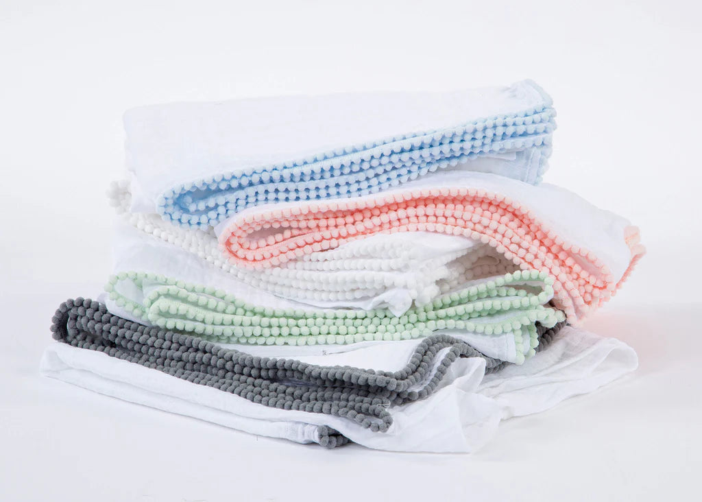 White/Seafoam Swaddle Baby Blanket with Pompom Edge 50"x50"