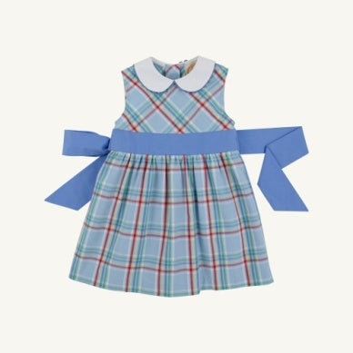 Sleeveless Cindy Lou Sash Dress Woven Dyed Kensington Court Plaid/ Barbados Blue