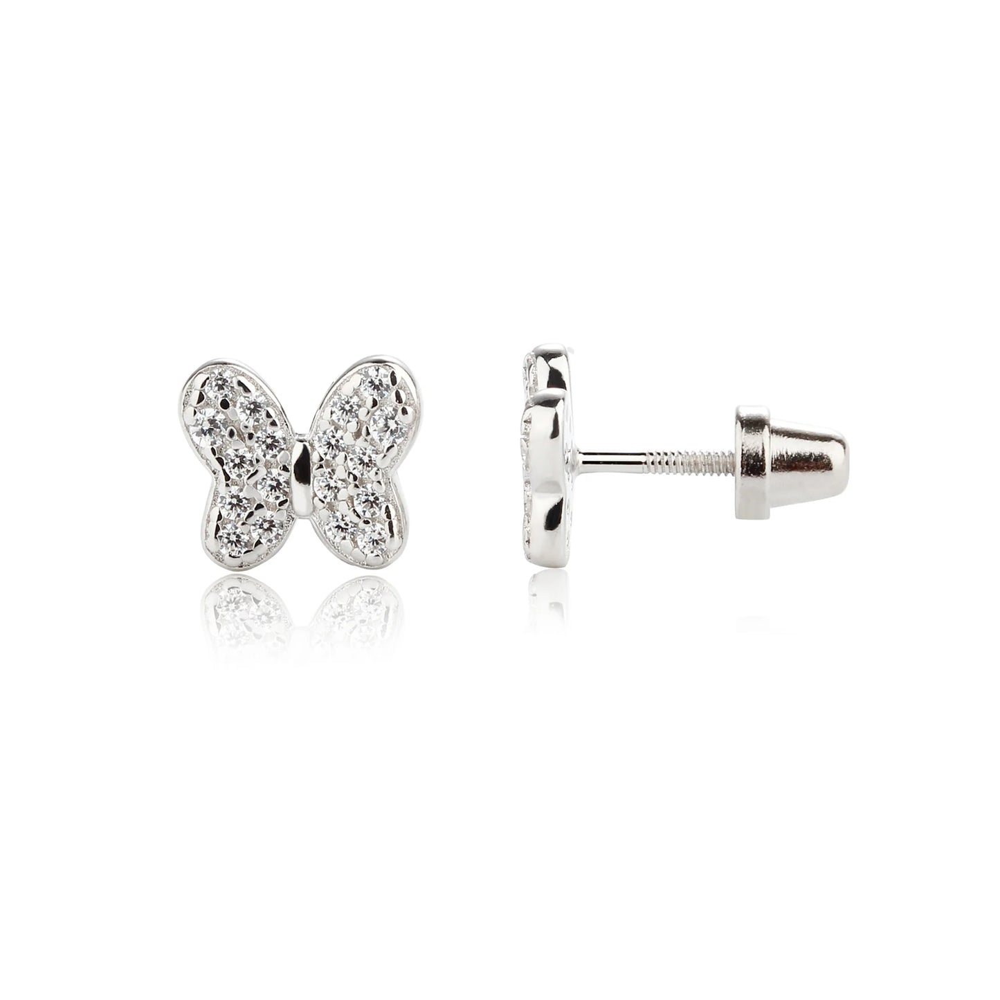 Sterling Silver Girls Clear Butterfly Screw Back Earrings