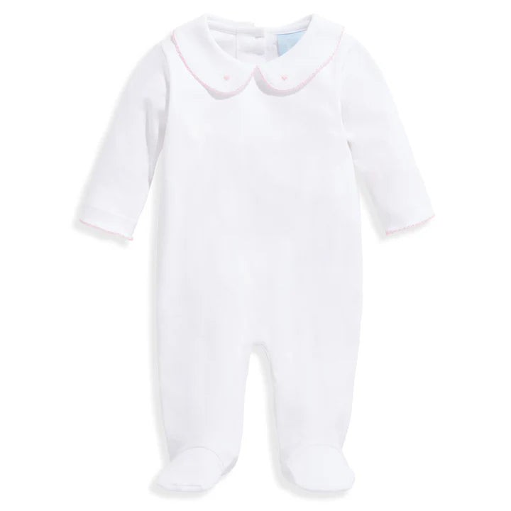 Embroidered Collar Pima Footies White with Pink Hearts