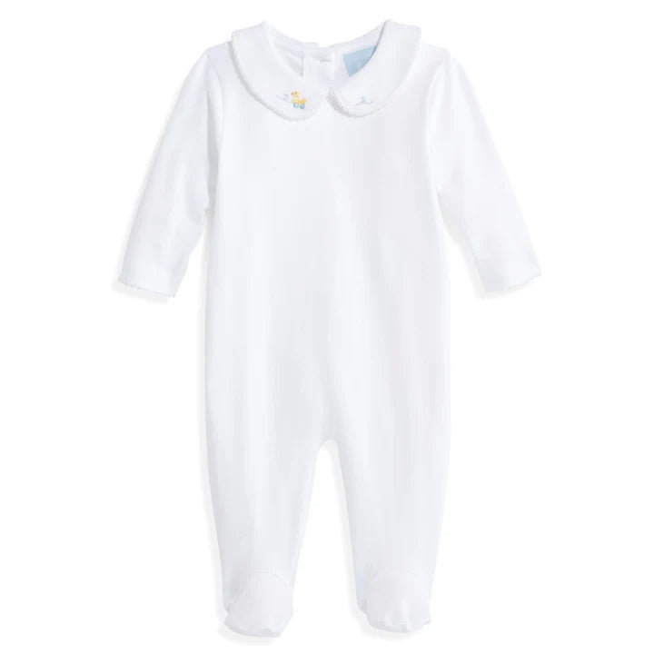 Embroidered Collar Pima Footies White with Ducks