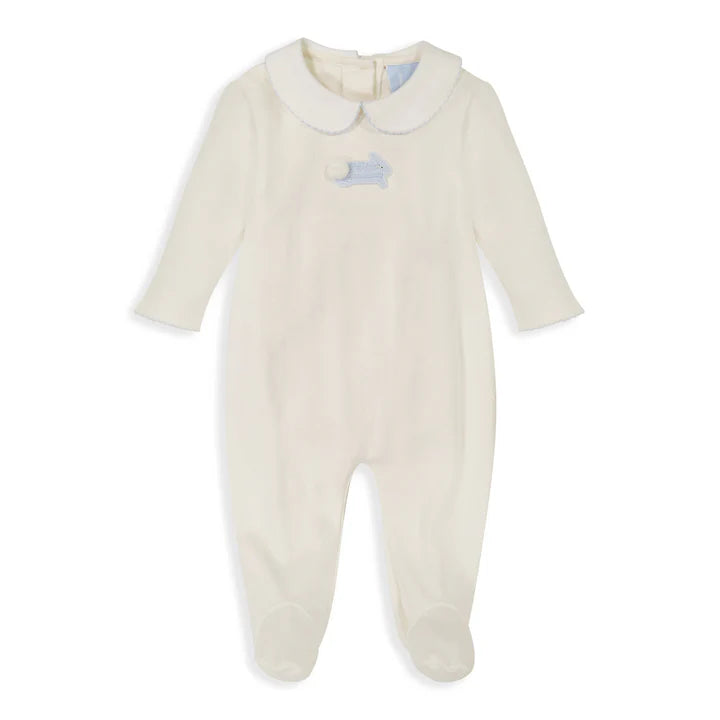 Crochet Collared Pima Footie Ivory With Sky Blue Bunny