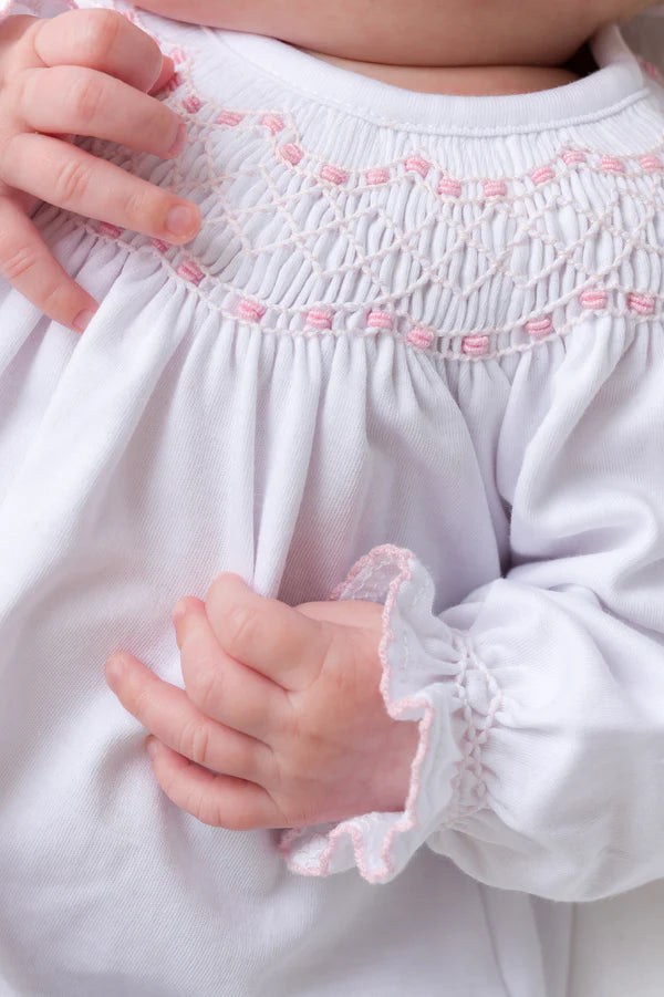Sweetly Smocked Greeting Gown Worth Ave White/Palm Beach Pink
