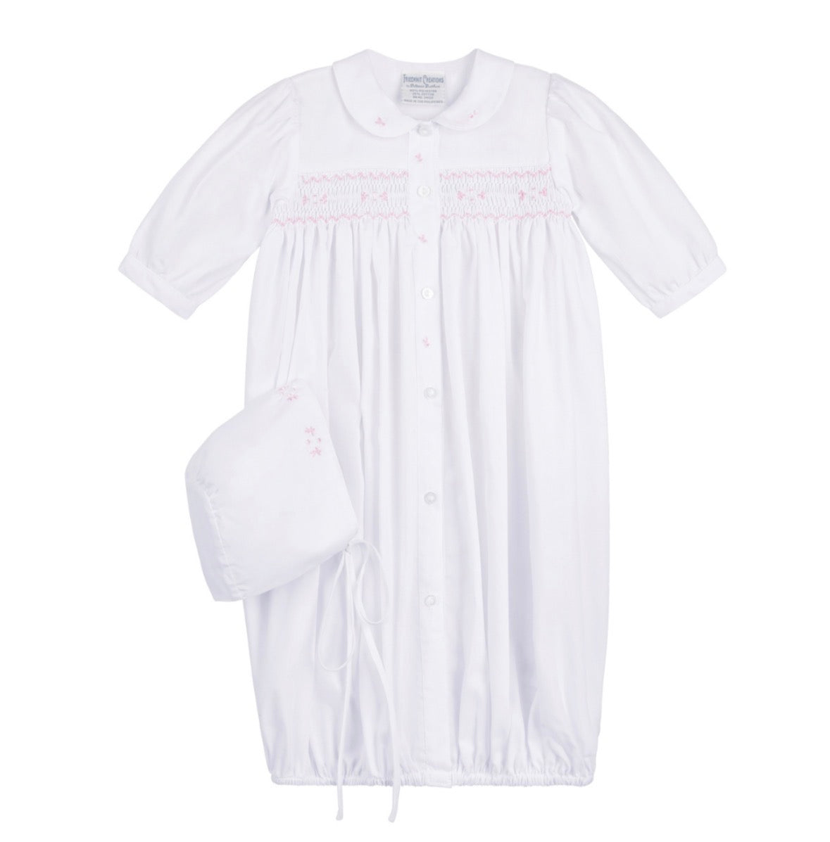 White & Pink Girls Smocked Bud Take Me Home Gown with Bonnet