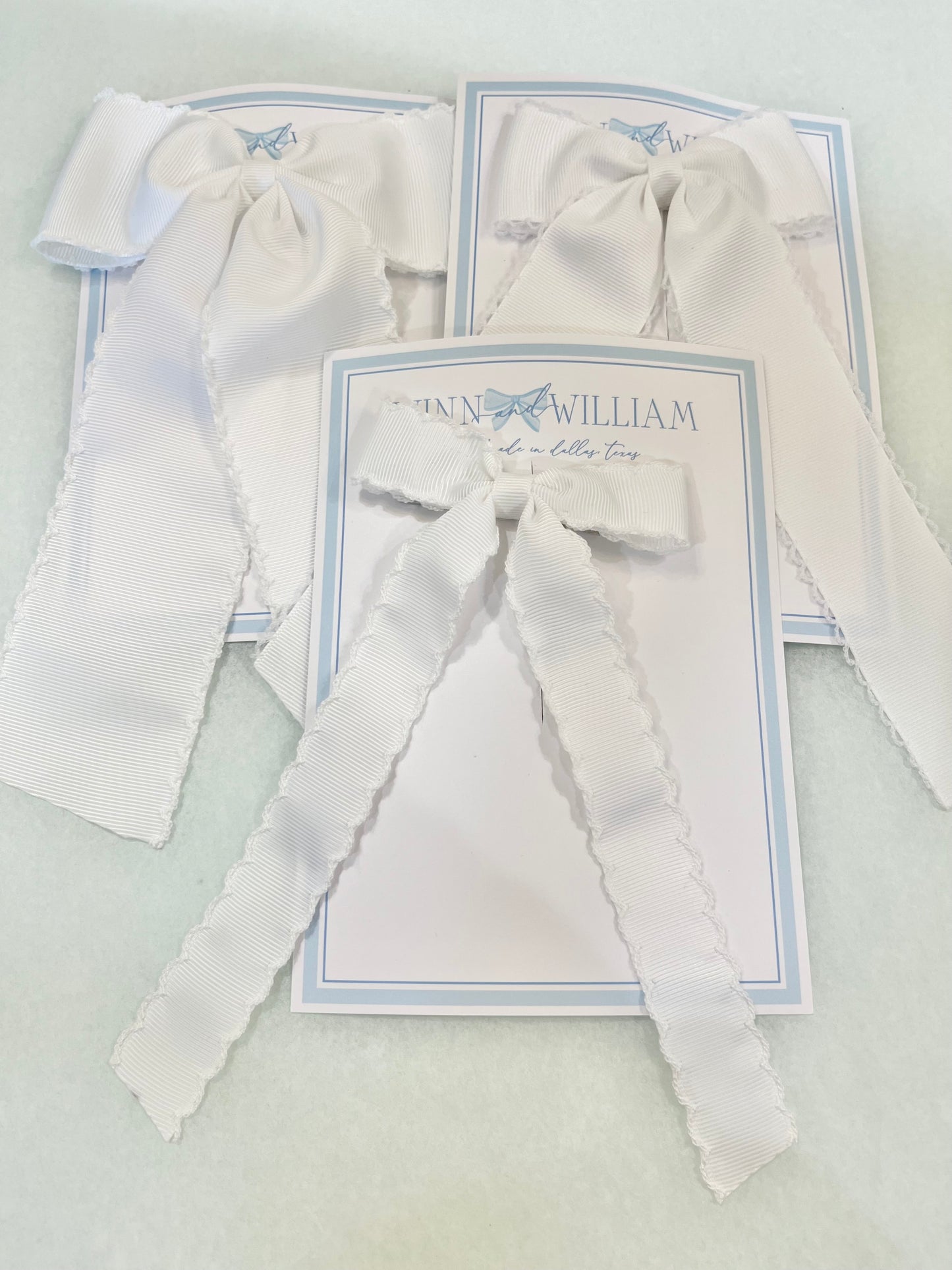 Moonstitch Long-Tail Bow White Ribbon With White Moonstitch
