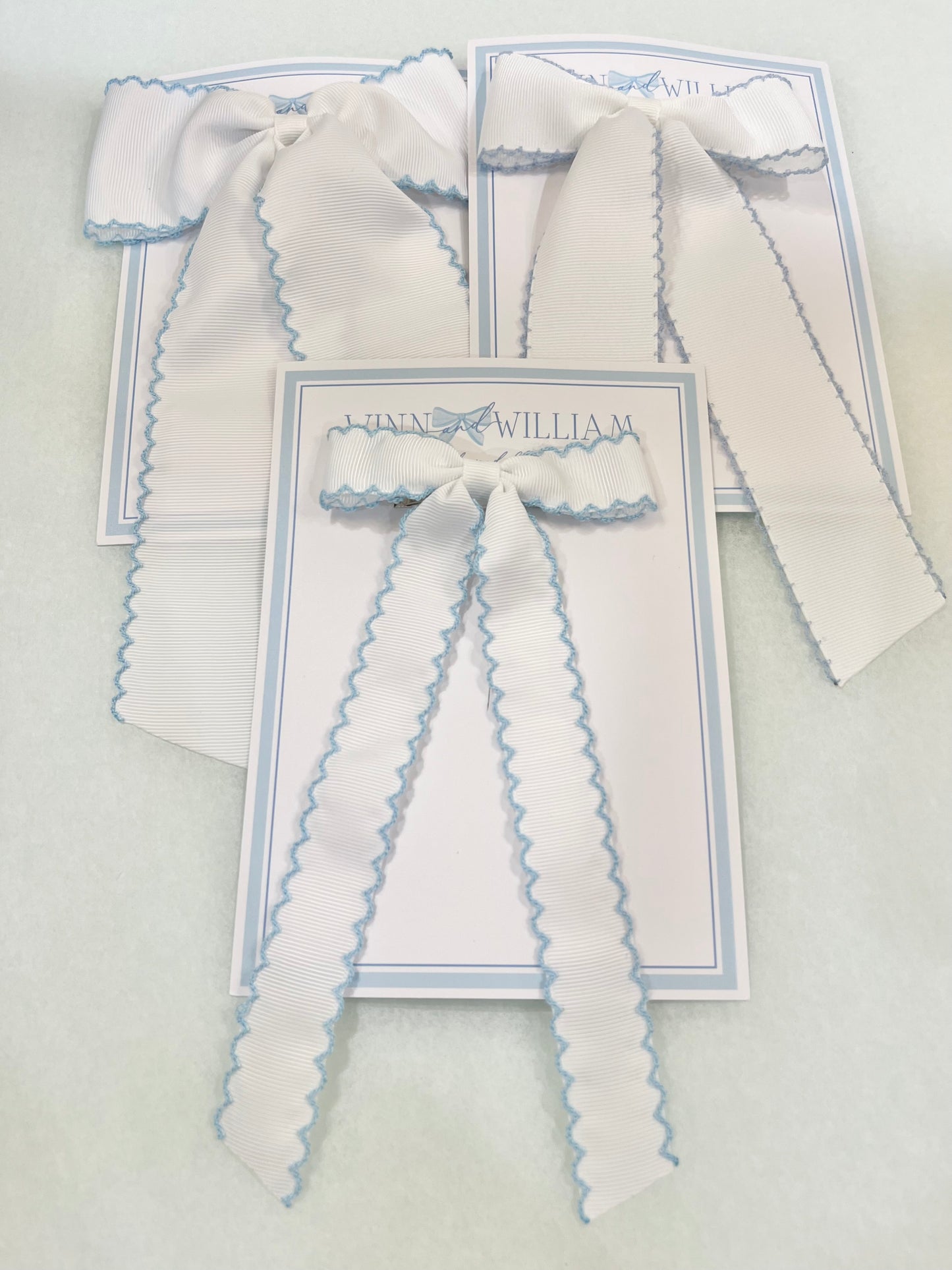 Moonstitch Long-Tail Bow White Grosgrain With Blue Moonstitch