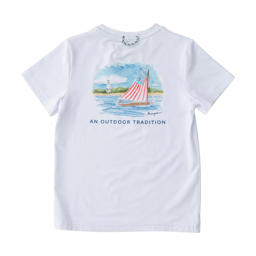 Kids Pro Performance Short Sleeve Fishing T-shirt White Boat/Flag