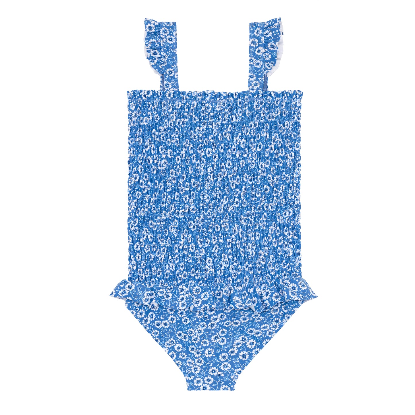 Blue Floral Smocked One Piece With Ruffle Skirt