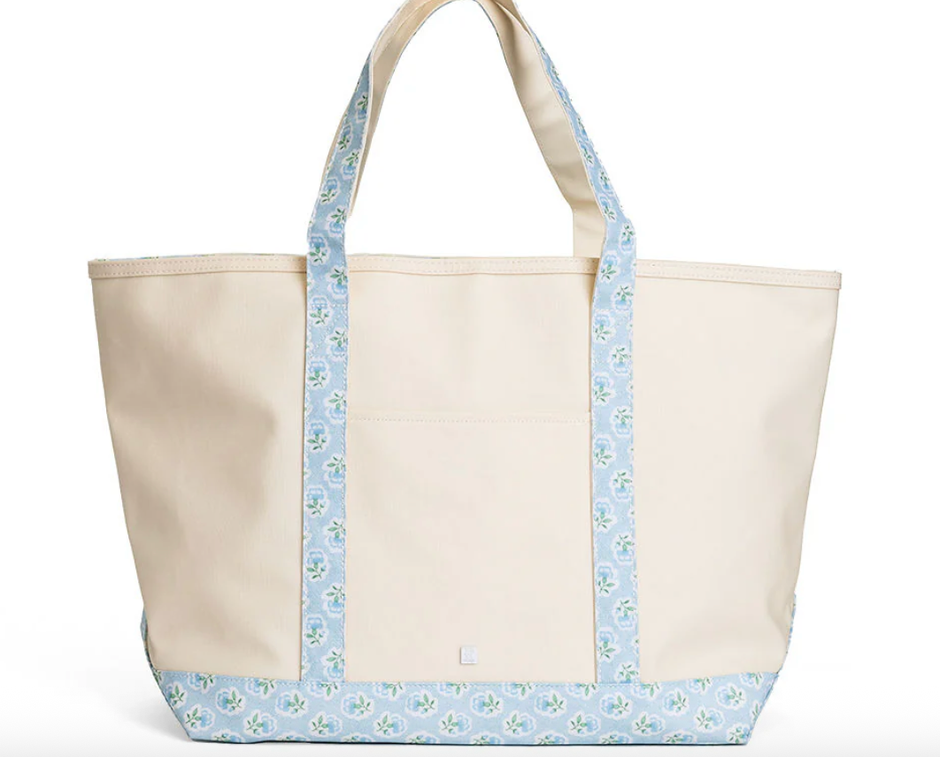 Maxi Tote Coated Canvas Large Natural with Petite Fleur Blue Trim