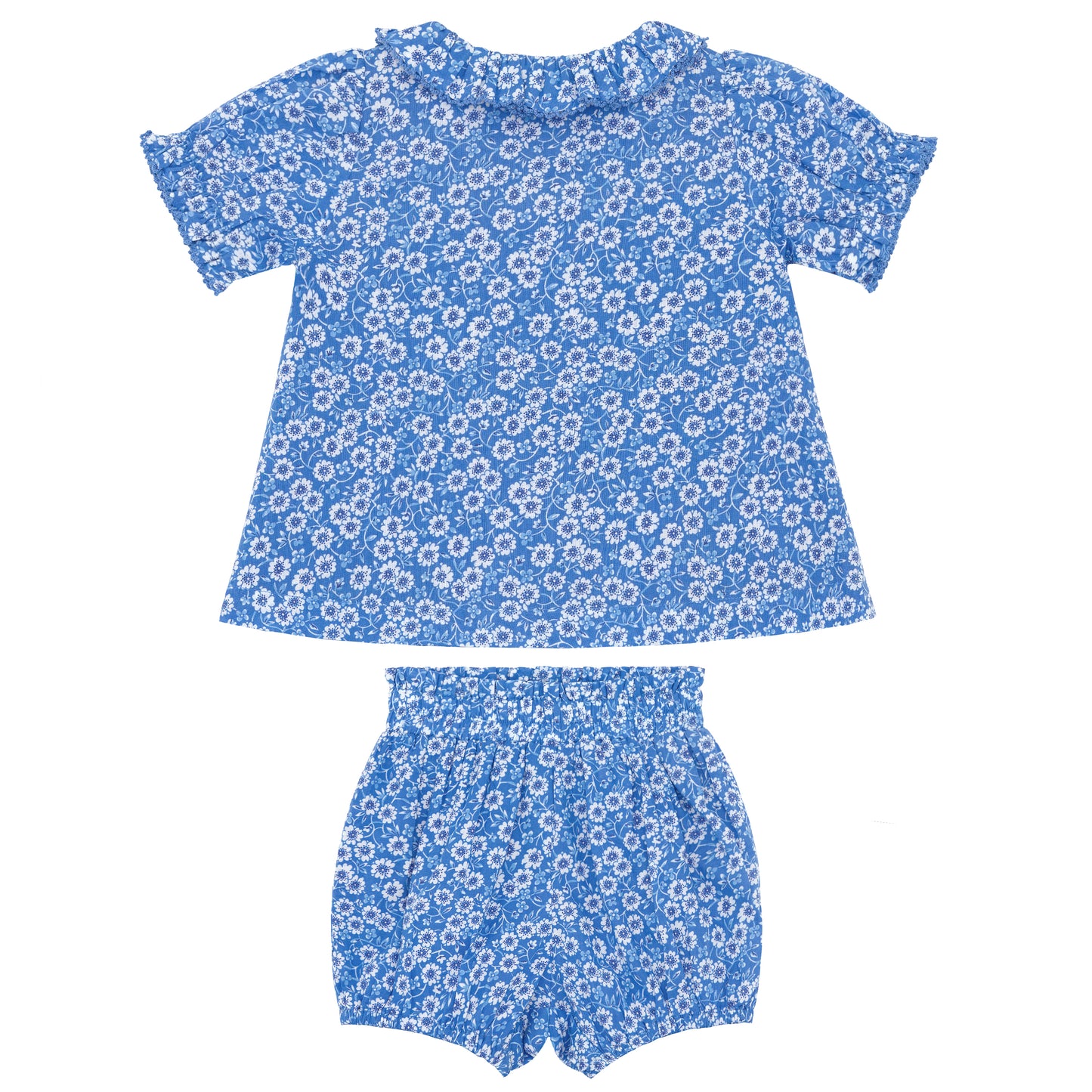 Blue Micro Gingham Smocked High Neck Ruffle Sleeve Top and Short Set