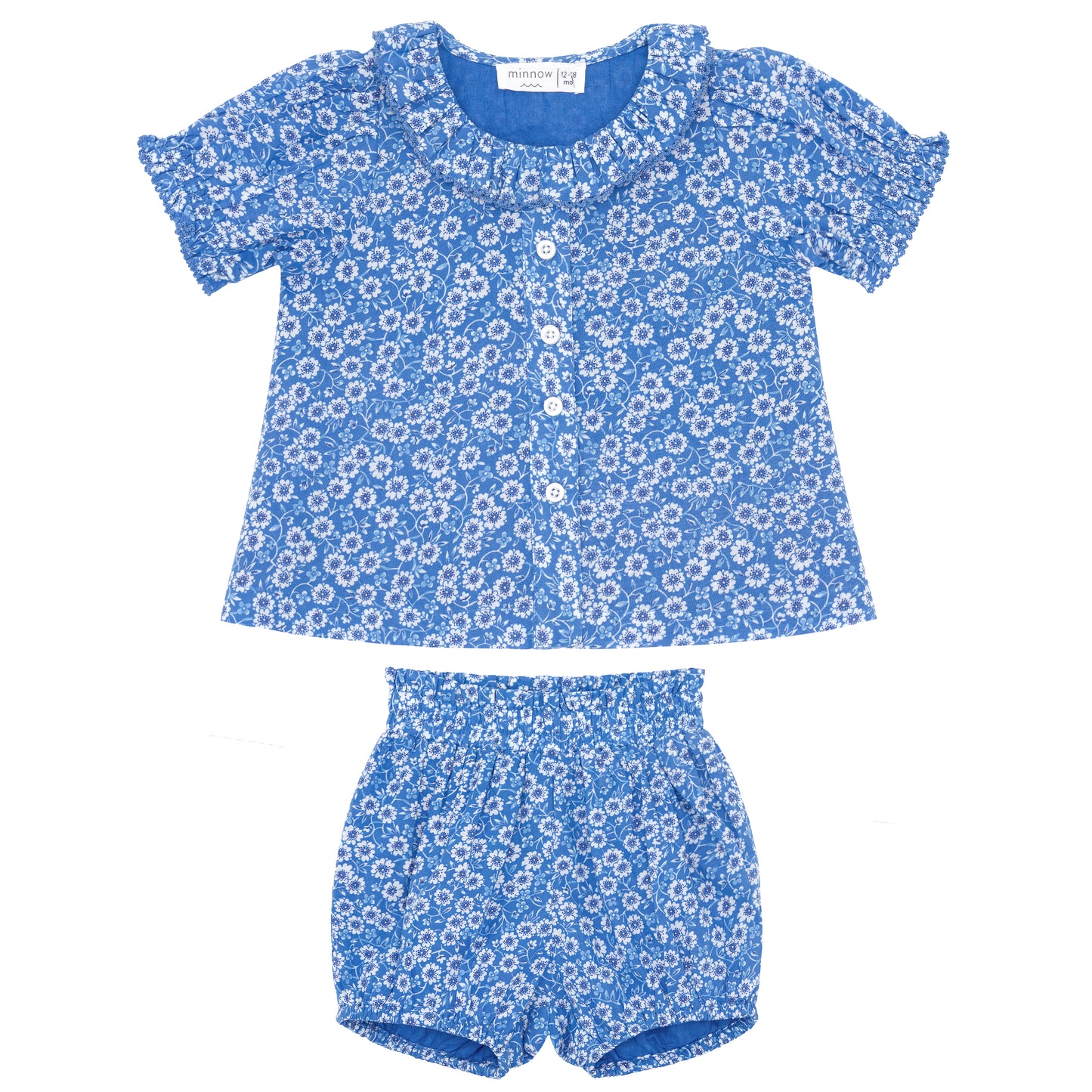 Blue Micro Gingham Smocked High Neck Ruffle Sleeve Top and Short Set