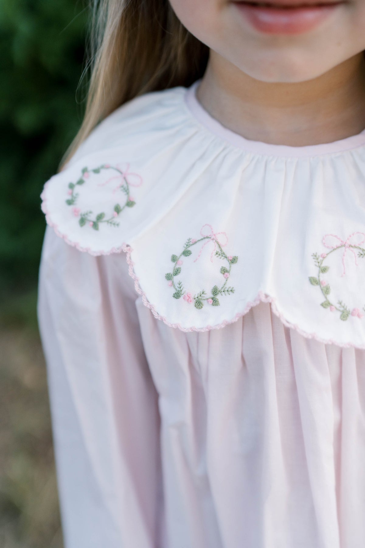Chloe Dress Blessings Pink Batiste Wreath Embroidery