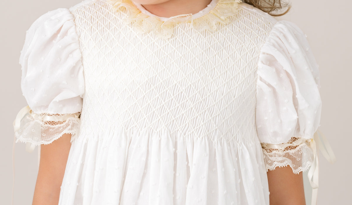 Margaret Bubble Spring White Swiss Dot Ecru Smocking & Lace