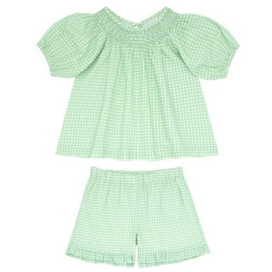 Girls Green Gingham Smocked Raglan Short