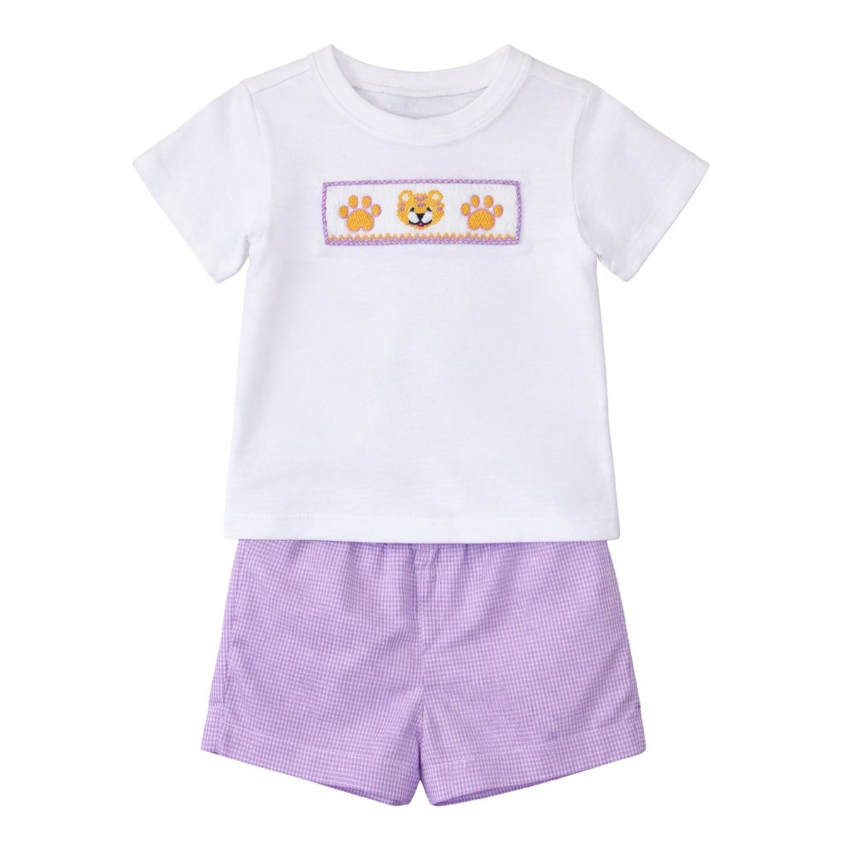 Ollie Smocked Short Set Purple Gingham Tiger