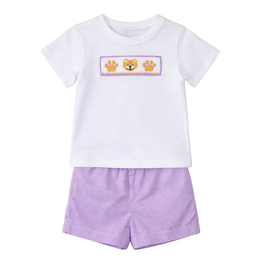 Ollie Smocked Short Set Purple Gingham Tiger