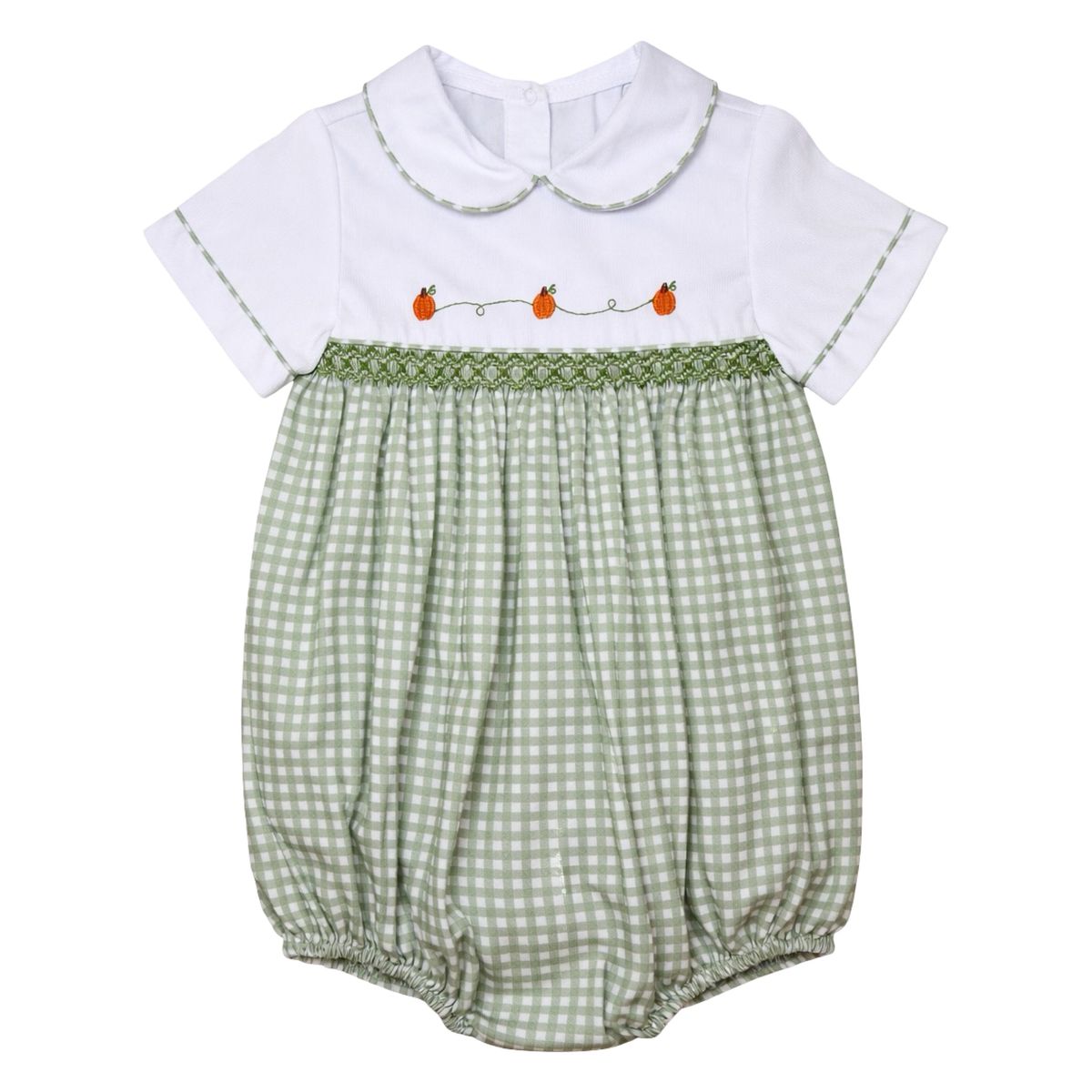 Cade Smocked Short Sleeve Boys Bubble Sage Pumpkins