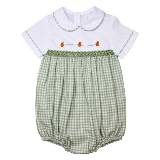 Cade Smocked Short Sleeve Boys Bubble Sage Pumpkins