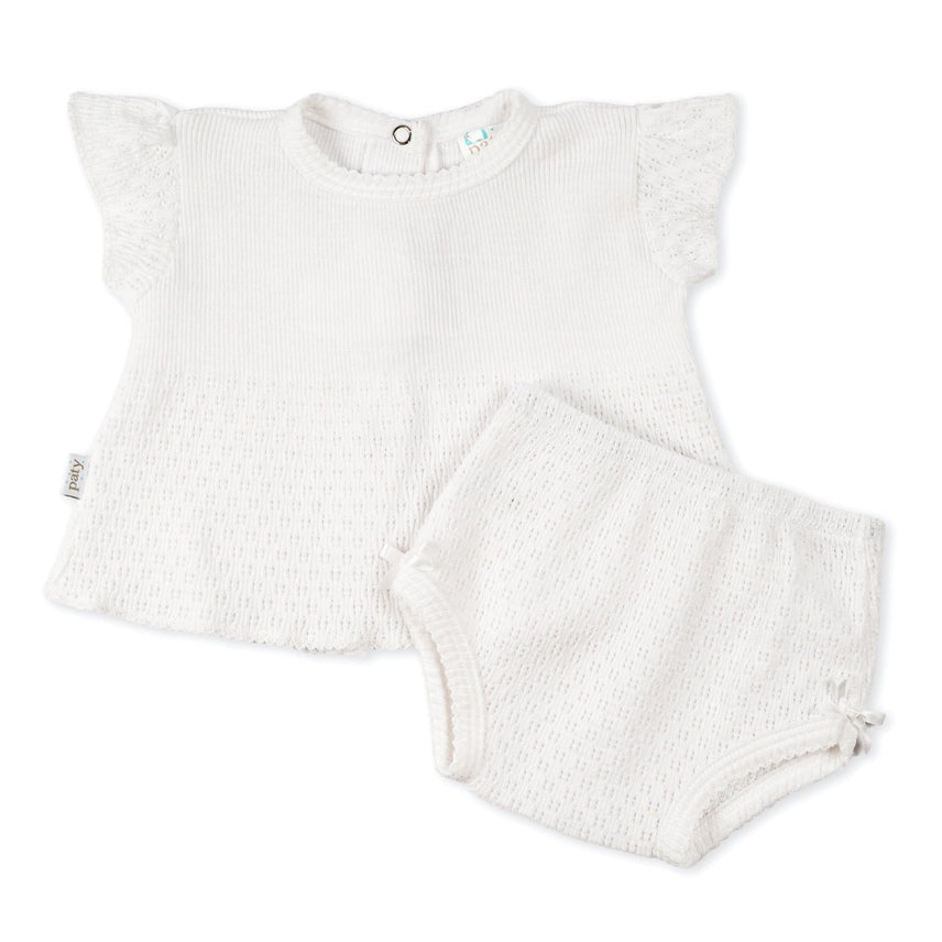 Paty Knit Flutter Sleeve Diaper Set with Bows White