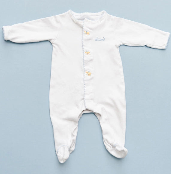 Baby Ducklings Sleeper White with Blue Picot Trim