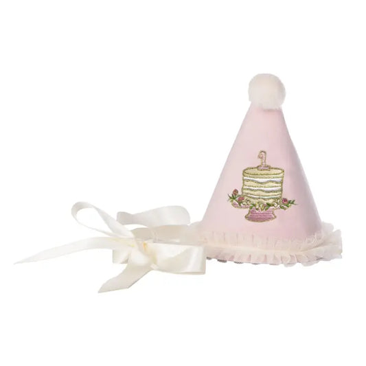 "One" Party Hat with Birthday Cake Embroidery Pink