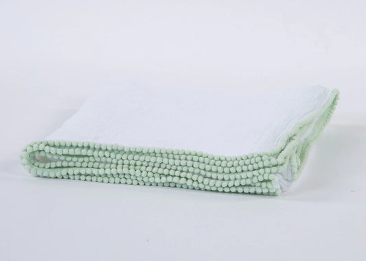 White/Seafoam Swaddle Baby Blanket with Pompom Edge 50"x50"