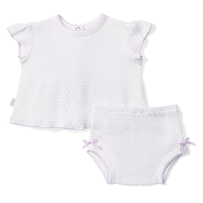 Paty Knit Flutter Sleeve Diaper Set with Bows Lavender