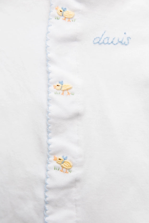 Baby Ducklings Sleeper White with Blue Picot Trim