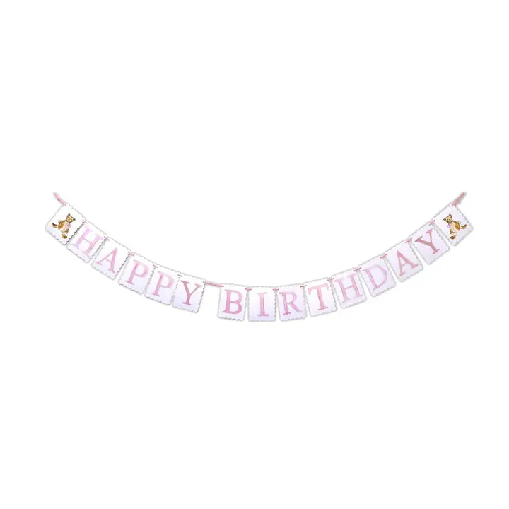 Happy Birthday Banner Teddy Bear Pink Bow
