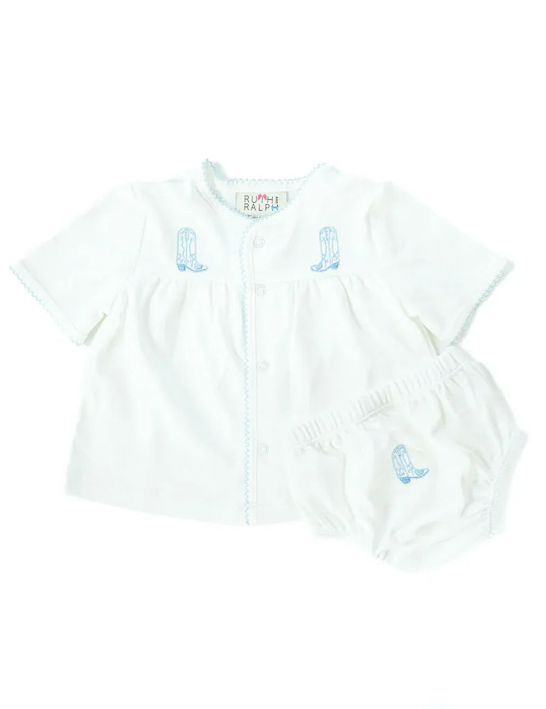Blue Cowboy Boots Layette Diaper Cover Set