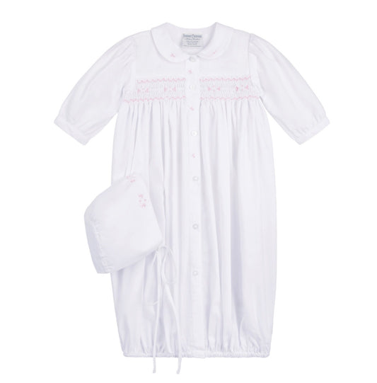 White & Pink Girls Smocked Bud Take Me Home Gown with Bonnet