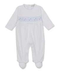 White and Light Blue Hand Smocked Footie