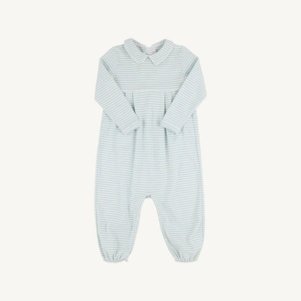 Long Sleeve Bradford Romper Collar Old Greenwich Green Stripe/Worth Ave White