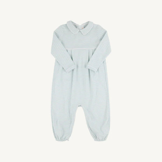 Long Sleeve Bradford Romper Collar Old Greenwich Green Stripe/Worth Ave White