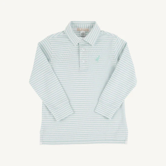Prim and Proper Polo LS Pima Old Greenwich Green Stripe/Old Greenwich Green