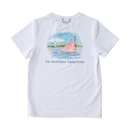Kids Pro Performance Short Sleeve Fishing T-shirt White  Boat/Flag