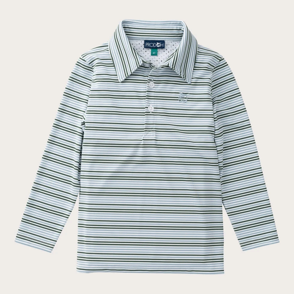Boy's Long Sleeve Pro Performance Polo Arona Camping Green Stripe