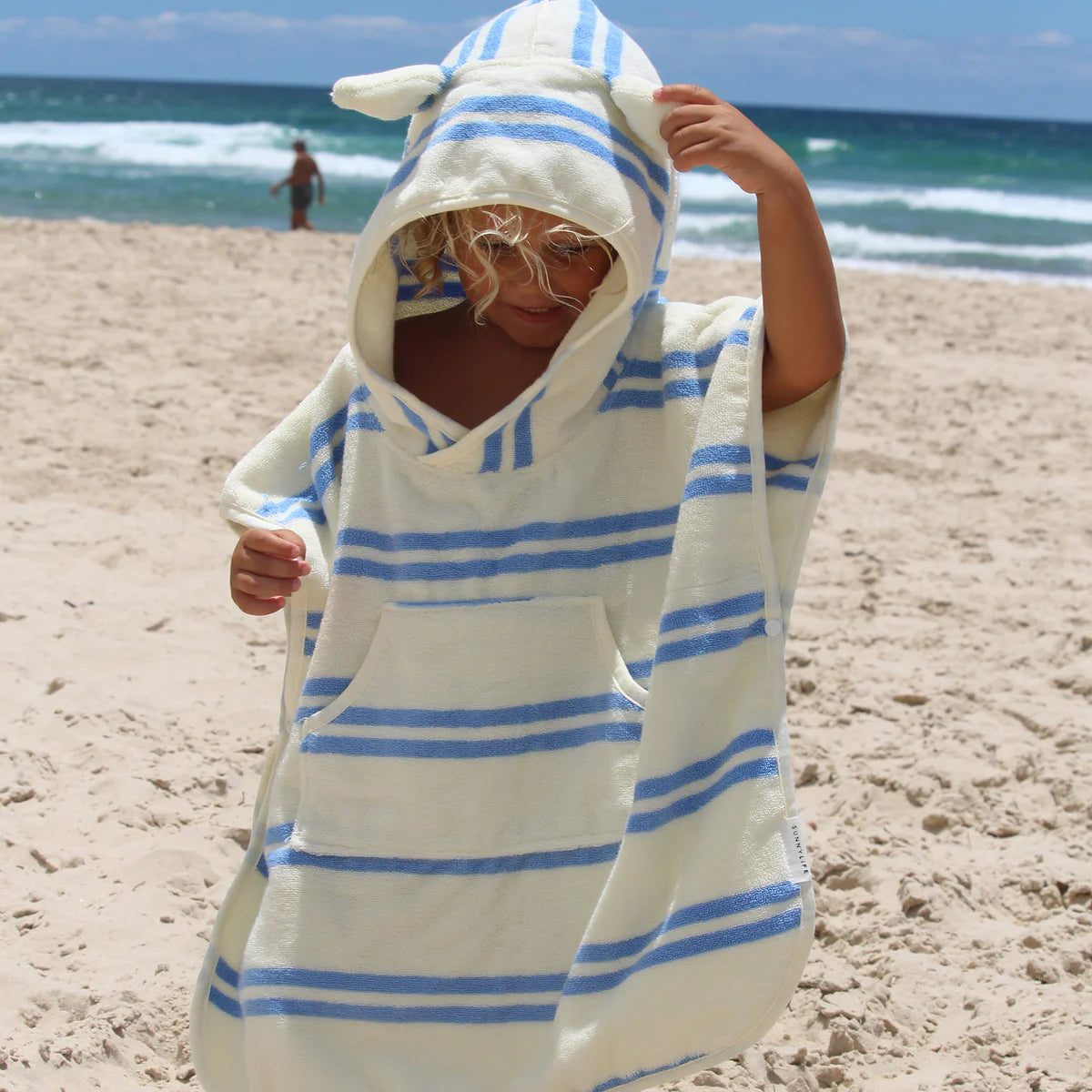 Kids Character Hooded Towel Sammy the Seagull Blue Stripe