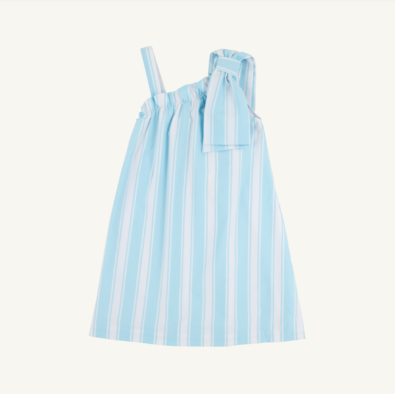 Maebelle Bow Dress Woven Dyed Yarn Bellhaven Blue Ticking Stripe