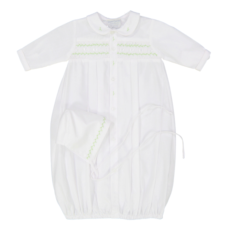 White & Green Neutral Take Me Home Gown with Bonnet