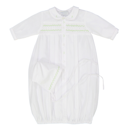 White & Green Neutral Take Me Home Gown with Bonnet