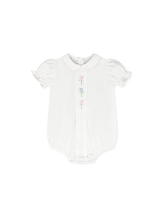 Bluebonnet Bubble Classic White Pique with Pink Piping and Floral Embroidery