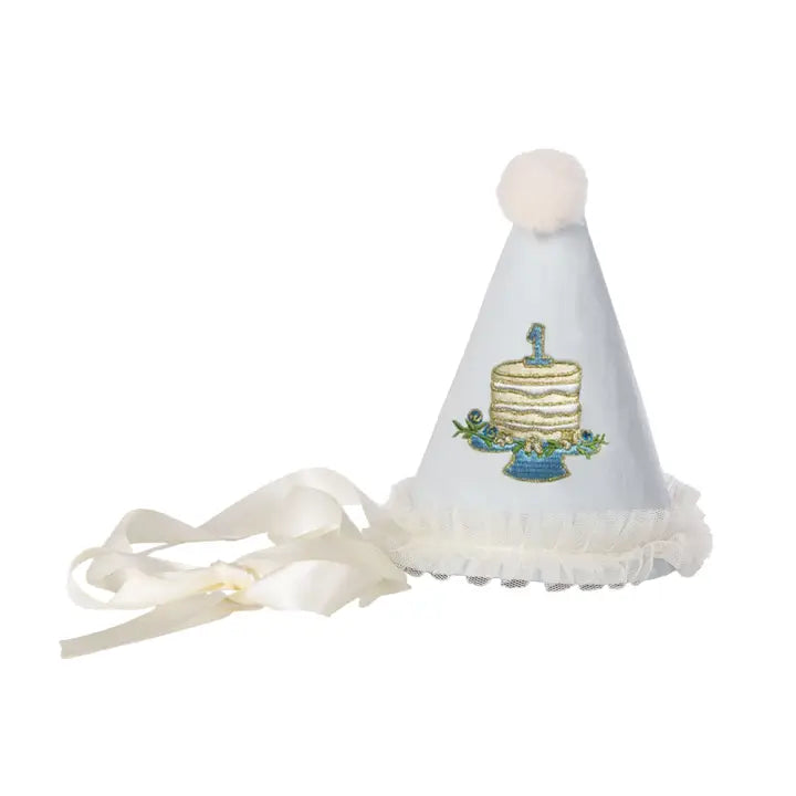 "One" Party Hat with Birthday Cake Embroidery Blue