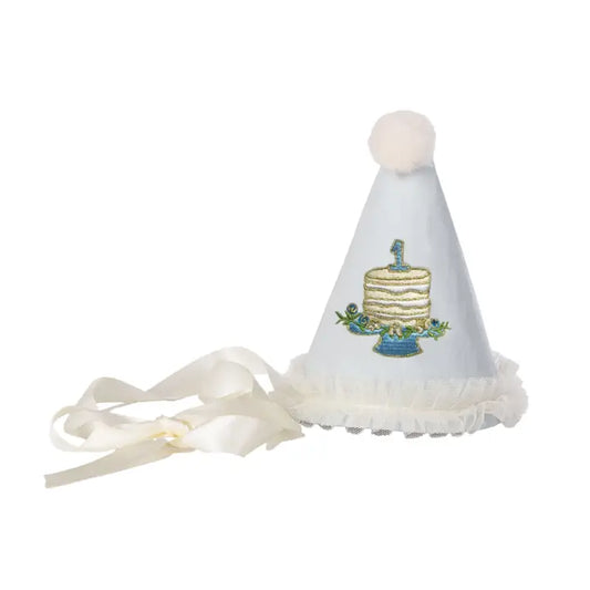 "One" Party Hat with Birthday Cake Embroidery Blue